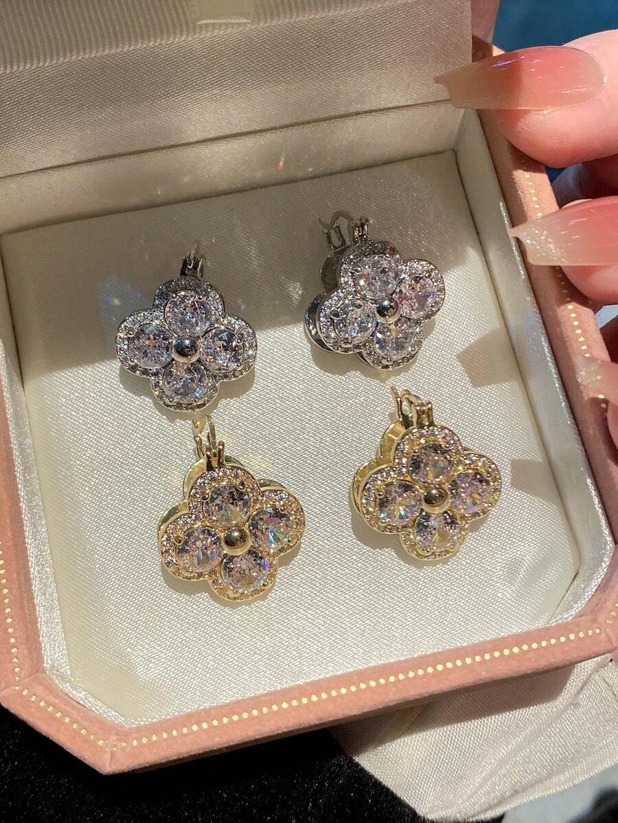 2 件时尚奢华方晶锆石花卉图案百搭优雅女士派对珠宝耳环