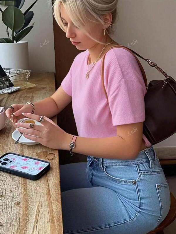 Women Casual Solid Color Short Sleeve Knit Top