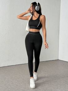 Set de 2 piezas con top corto sin espalda y mallas deportivas de cintura alta, conjunto casual de entrenamiento y acondicionamiento físico para exterior