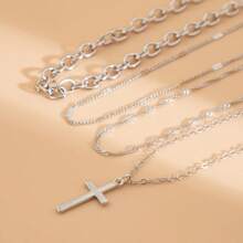 4pcs Fashion Cross Alloy Pendant Necklaces With Geometric Multi Layer Chain Design, Versatile Accessories For Women