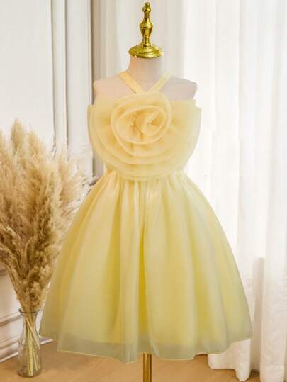 Vestido de baile leve de organza princesa para meninas pré-adolescentes, vestido de festa de casamento de novo estilo com estampa floral, vestido sem mangas com babados em linha A