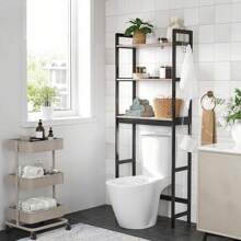 Toilet Shelf Organizer, 3-Tier Bathroom Storage Unit With Adjustable Shelving, Hooks, And Toilet Paper Holder, Space-Saving Heather Greige UBTS012W01