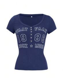 Vaiaye Women's Summer 90S Retro Button-Front Letter Print Short Sleeve Preppy Y2K Slim Fit T-Shirt Graphic Tees Women Tops For Spring Outfit - 藏蓝色 - 查看 3