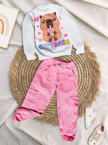 Conjunto Capybara Sudadera Ligera  con Brillos  + Pantalón Cargo con Bolsillos Para Niñas - Rosa - Ver 2