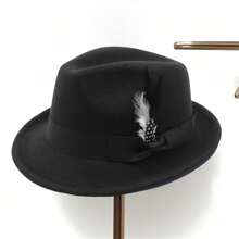 Men Felt Fedora Hat Vintage Short Brim Trilby Hat Lightweight Panama Hat With Feather - màu đen - Xem 1