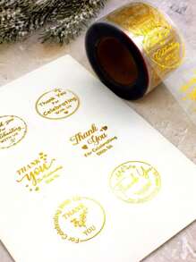 500pcs/Roll Transparent Gold Foil Thank You Stickers, Various Round Pattern Stickers, Suitable For Gift Cards, Wedding DIY Decorations, PVC Glitter Stickers