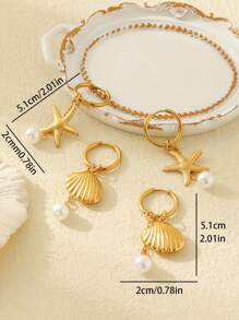 ZIRUISP 1pc Stainless Steel Gold-Color Earrings With Faux Pearl, Starfish, Seashell Decor, Beach Resort Style Jewelry For Women, Summer - Gold - View 5