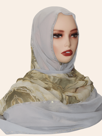 1 件女士时尚穆斯林头巾，雪纺面料彩色拼布印花长款宽围巾披肩，休闲时尚头巾，中东水钻材质，高端透气，四季皆宜