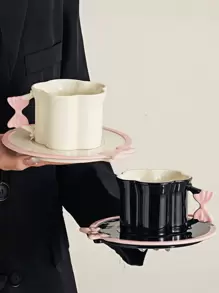 1 件蝴蝶结设计杯碟套装，高品质下午茶杯适合餐厅、客厅、咖啡馆和聚会 - 彩色 - 查看 3