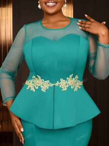 Plus Size Long Party Mermaid Dresses Sheer Mesh Sleeves Patchwork 3D Embroidered Lace Party Peplum Evening Birthday, Wedding Guest Dress, Formal Dress,Gown