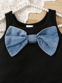 3pcs Set Young Girl Casual Elegant Big Bow Sleeveless Top, Pleated Skirt Denim Skirt And Hat Outfit - Black - View 5