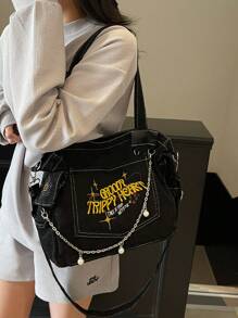 休闲Y2K风格时尚柔软牛仔布手提包，街头风链条字母图案单肩包，大容量斜挎包，书包，便携，大容量，适合青少年女孩、女性、大学生、中小学生、高中生、户外、旅行、郊游、工作、商务、通勤、度假、购物等场合，学院风书包，适合读书周，大容量学生手提包，多隔层设计，完美适用于海滩、学校、工作和日常使用，牛仔女孩的完美之选 - 黑色 - 查看 2