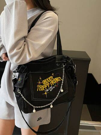 休闲 Y2K 风格别致柔软牛仔手提包街头风格链条字母图案单肩包大容量斜挎包、书包、便携、大容量、适合少女、女大学生、大学、初中、高中、户外、旅行、郊游、工作、商务、通勤、度假、购物、适合读书周的学院风书包、大号校园手提包、多个隔层，非常适合海滩、学校、工作和日常使用