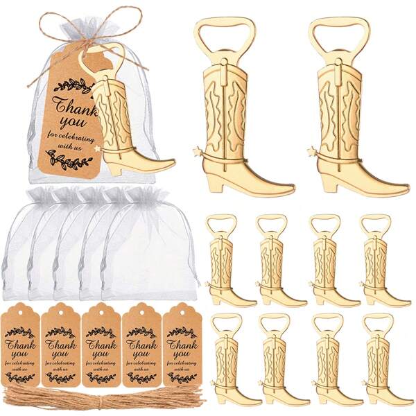 24pcs Vintage Gold/Green Bronze Cowboy Boot Bottle Openers, Comes With Pouch, Thank You Card & Jute Rope, Suitable As Gifts, Souvenirs, Decorations And Party Favors For Weddings, Bridal Showers, Birthdays, Valentine's Day, Kitchen & Bar Uses