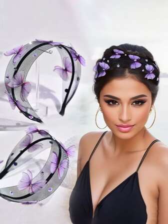 手工制作的优雅紫色蝴蝶宽发箍，适合婚礼、派对和日常佩戴，圣诞派对女士发饰，女士发箍