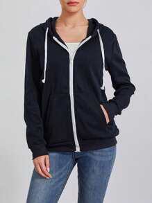 Women's Zip Up Hoodies Long Sleeve Solid Color Classic Fit Sweatshirts Jackets Streetwear Tops - Navy Blue - View 1