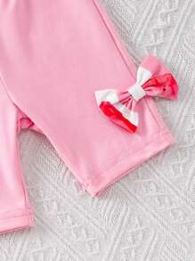 2pcs Baby Girls Watermelon Stripe Print Cap Sleeve Tops & Bow Shorts Set, Casual Fashion Spring/Summer