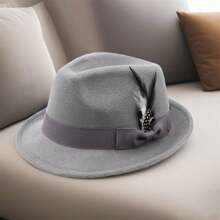 Feather Hats Vintage Short Brim Felt Fedora Hats For Women Men Jazz Hats - 淺灰色 - 查看 5