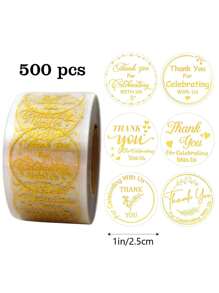 500pcs/Roll Transparent Gold Foil Thank You Stickers, Various Round Pattern Stickers, Suitable For Gift Cards, Wedding DIY Decorations, PVC Glitter Stickers