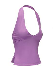 Scoop Neck Plain Crop Tank Top With Side Slit - Purple - View 3