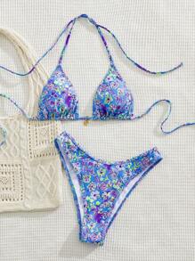 New Soft Fabric Printed Halter Tie Bikini Set, Elegant Party Beach Fashion For Ladies