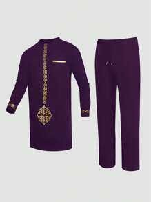 2 peças/Conjunto Camisa de Manga Longa com Gola Careca e Estampa Dashiki Roxa e Calça com Cintura Elástica, Conjunto Casual, Estilo de Rua, Adequado para Festa, Encontro, Casamento, Novidade