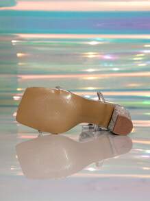 Women's Metal Rhinestone Gradient Color Square Toe Lace-Up Thick High Heel Sandals, Attractive For Summer Night Party & Sexy Roman High Heel Shoes