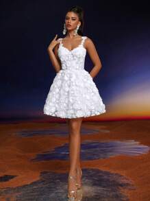 Anymoon Elegant Solid Color Applique Spaghetti Strap Cocktail Party Dress, Prom Dress, For Valentine's Day - White - View 5