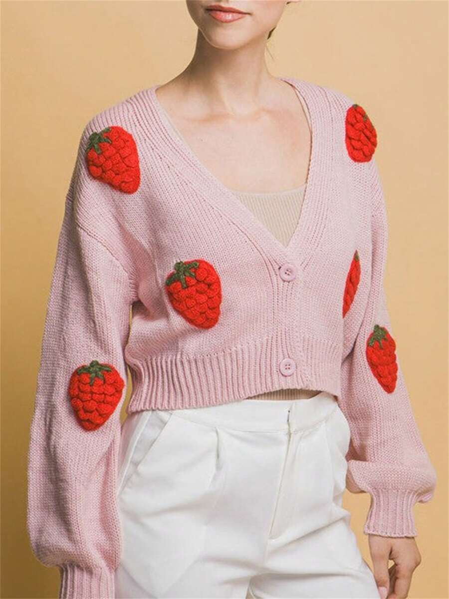 Women's Crop Cardigan Sweater Strawberry Embroidery Button Down V Neck Long Sleeve Knit Sweater Jacket For Fall Spring - Pink - View 1