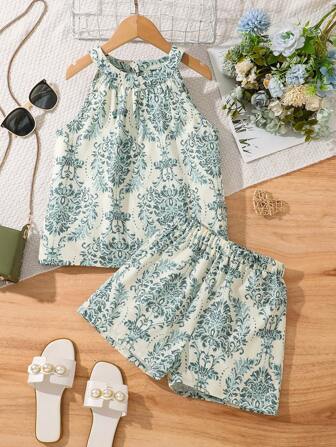 2pcs/Set Summer Tween Girl Vintage Graphic Print Loose Sleeveless Top & Casual Shorts Set Leisure And Holiday