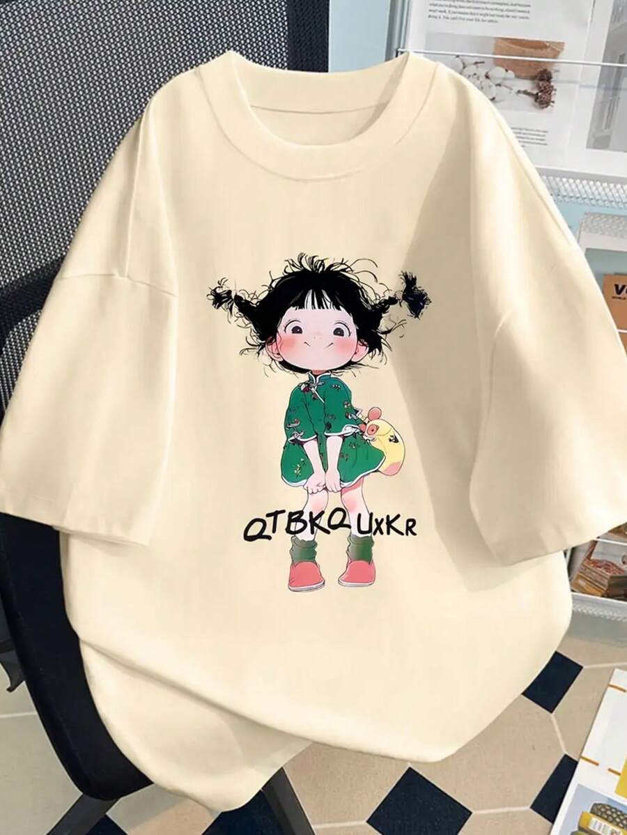 1件印花短袖套头T恤，适合少女穿着，舒适时尚的夏季上衣 - 杏色 - 查看 1