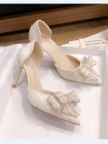 Women's Bow Hollow Out Sandals, Summer Pearl Rhinestone Pointed Toe High Heels, Closed Toe High Heels Thick Wool Fashionable Dress Shoes, Wedding Shoes With Dresses & Cheongsam