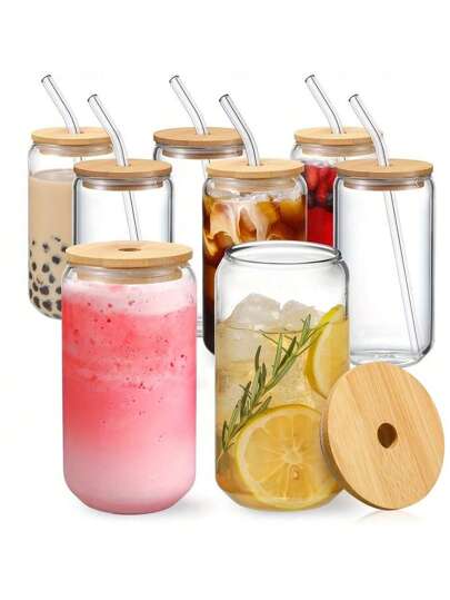 1pc Glass Cup, Beverage Cup, Cold Drink Cup, Milk Tea Cup, Coffee Cup, Juice Cup, Travel Cup / Bamboo Leak-Proof Lid With Straw, Reusable / Summer Refreshing Drink, Suitable For Home, Office, Students, Adults, Friends