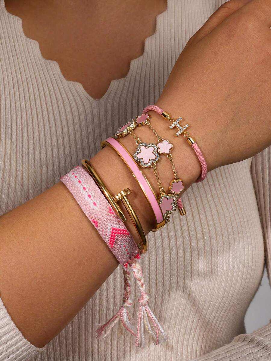 1 件时尚不锈钢 Y2K 手链腕带编织手链首饰套装，适合女性日常佩戴，个性化女士时尚首饰，防水夏季海滩度假配饰 - 金色 - 查看 1