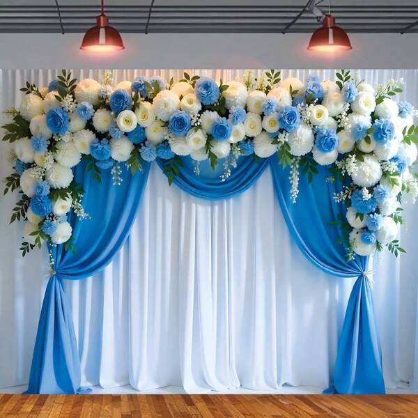 Elegant White And Blue Chiffon Wedding Backdrop - Durable Polyester Floral Photography Background, Suitable For Ceremonies And Home Decor
