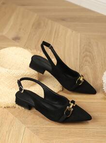 女士新款时尚舒适优雅尖头无后跟绑带粗跟一脚蹬高跟鞋，搭配连衣裙更显身材 - 黑色 - 查看 3