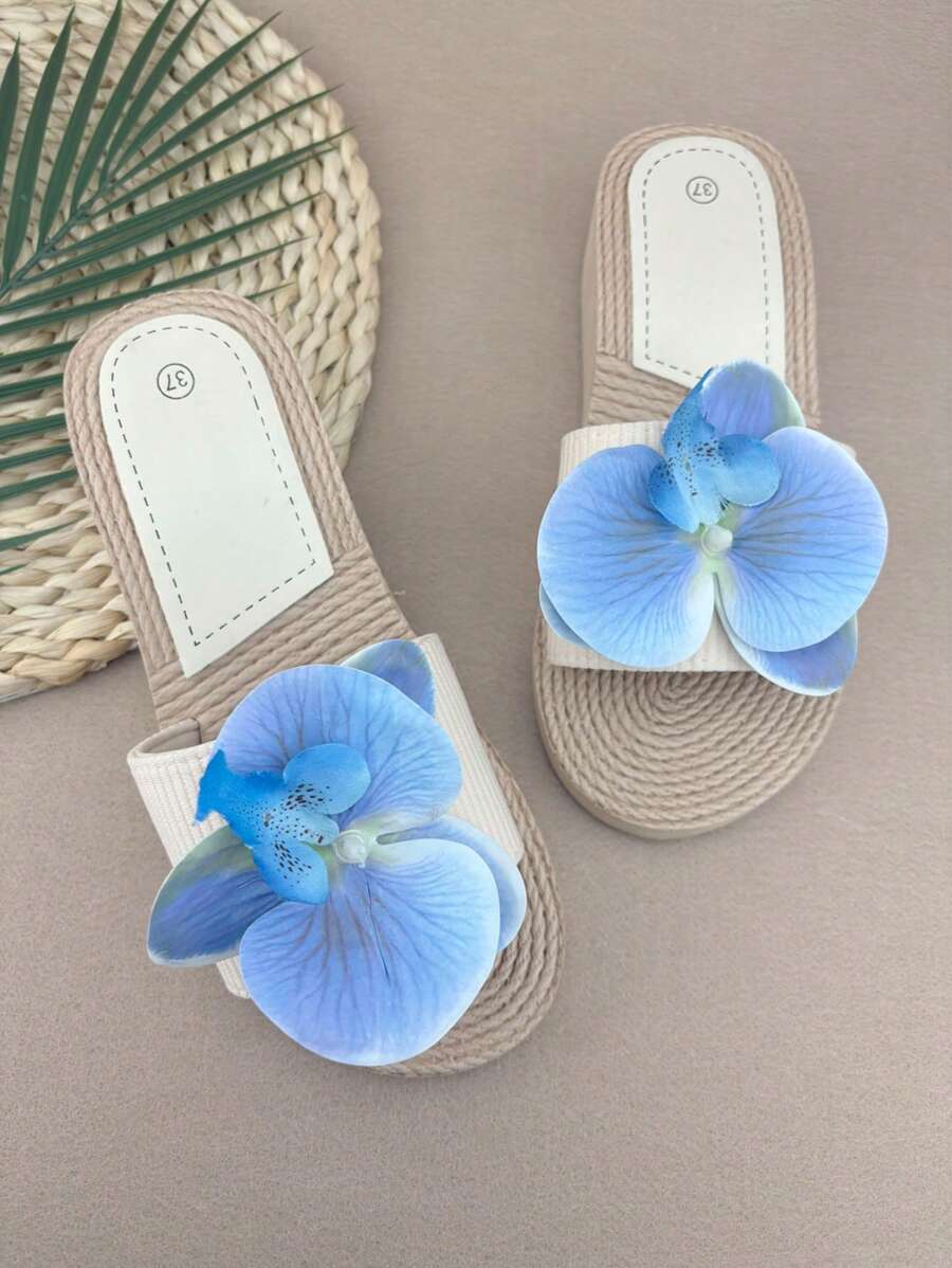 Orchid Floral Strap Slide Sandals With Thick Platform, Fashionable & Versatile For Women, Comfortable & Non-Chafing