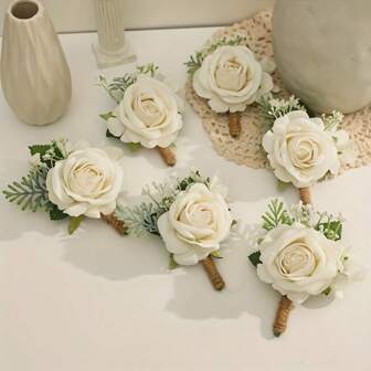 1 Set Elegant White Rose Corsage With Lush Greenery - Suitable For Wedding And Party Attire, Artificial Flower Brooch, Wedding Accessories