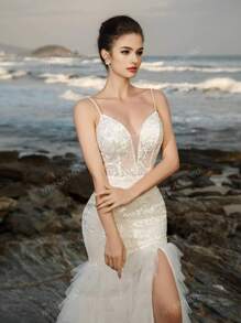 Vestido de novia de sirena con aplicaciones de encaje, escote pronunciado en V y patchwork, vestido de cóctel elegante para la novia