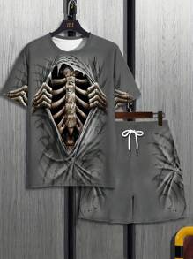 1 Set Men's Printed T-Shirt And Shorts Casual Outfits, Suitable For Everyday Casual Style