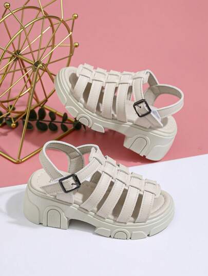 Comfortable High-Heel Casual Children Sandals, Solid Color Summer Beach Girl Sandals, Soft Leather Student Sandals