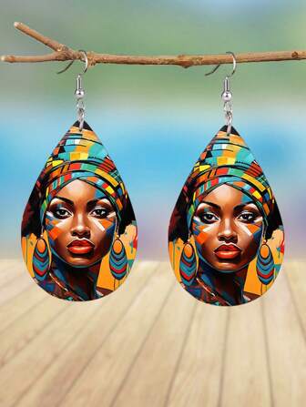 1 Pair Colorful African Girls PU Leather Earrings For Women Teardrop Earrings Double Sided Printing Lightweight PU Leather Ear Jewelry Gift