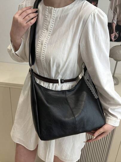 高品质时尚简约包包，女士包，休闲单肩包，大容量腋下包，复古多功能斜挎包 - 纯色，黑色，斜挎包，适合多种场合，拉链封口，涤纶内衬，无包边