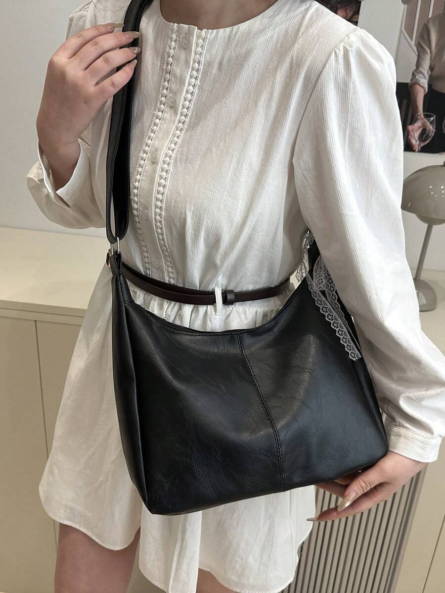 高品质时尚简约包包，女士包，休闲单肩包，大容量腋下包，复古多功能斜挎包 - 纯色，黑色，斜挎包，适合多种场合，拉链封口，涤纶内衬，无包边 - 黑色 - 查看 1