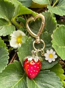 Delicate & Cute Strawberry Heart Keychain, Made Of Zinc Alloy With Dip Coating, Durable, Comes With Earphone Line And Decorative Accessories, Suitable As Fashionable Backpack/Handbag Charm For Women & Girls, Great For Dating, Study, Work, Commuting, Beach, Vacation, Camping, Picnic, And Mother's Day Gift - Multicolor - View 9