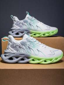 Men's Casual Sports Shoes, Streamlined Gradient Color Outsole With Lightweight Shock Absorption, Breathable White Mesh Sports Shoes, Available In Pink, Green And Blue Colorways, Suitable For Outdoor Activities