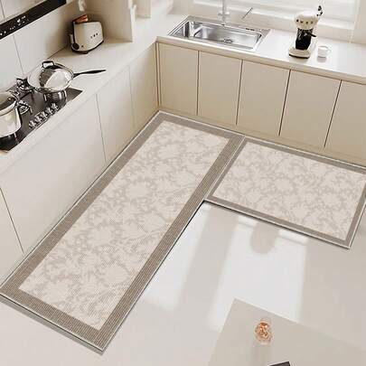 1件米色花卉线条图案厨房地垫，防滑，适用于房间装饰、客厅、浴室、卧室地毯、门垫、区域地毯和户外地毯，采用聚酯纤维制成，易于清洁且可机洗，适合所有季节和节假日。