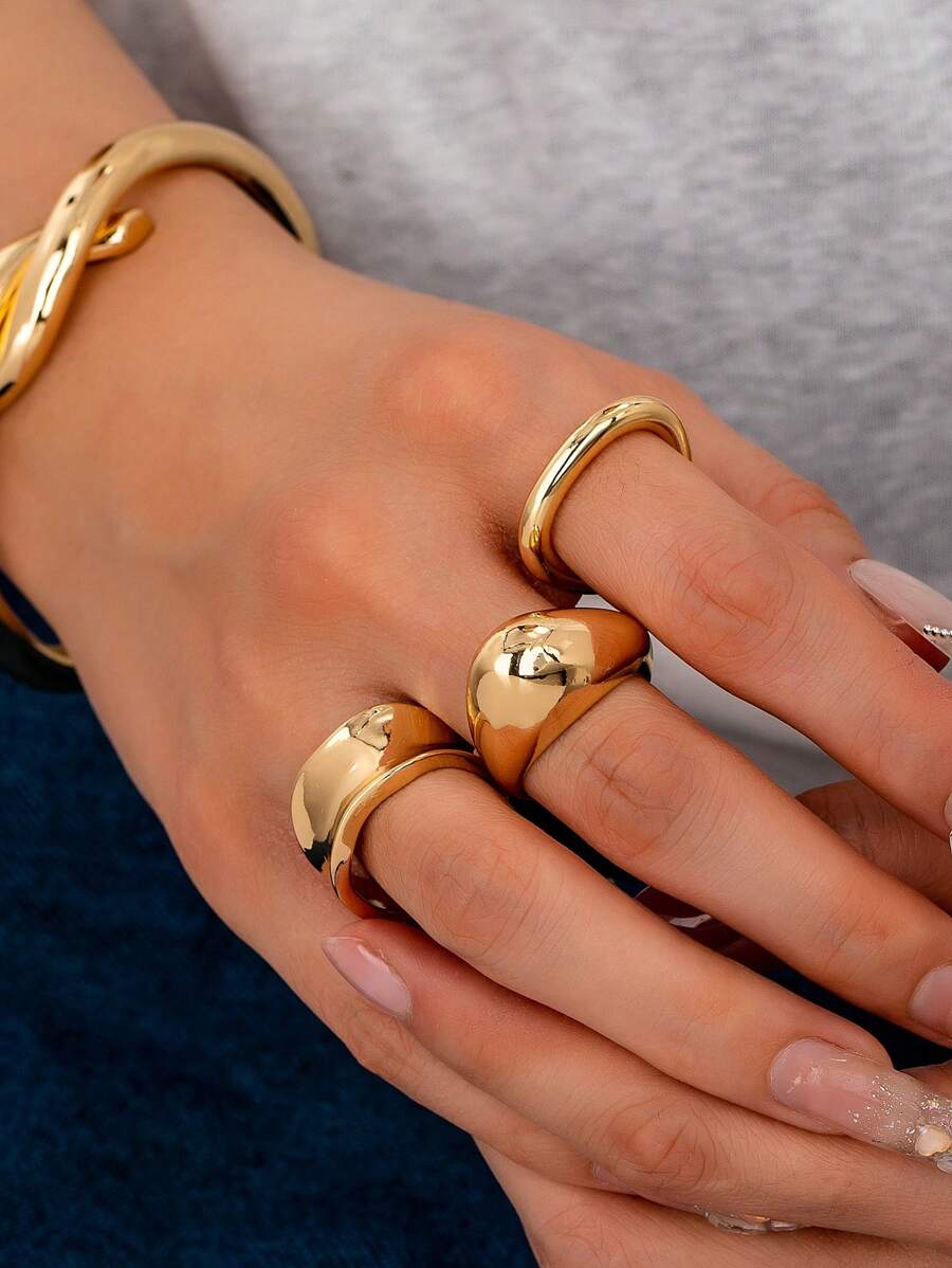 3件套女士简约基础款厚戒指套装 - 金色 - 查看 1