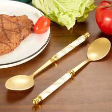 Conjunto de 24 piezas/4 piezas de cubiertos (cuchillo, tenedor, cuchara) de acero inoxidable con estampado de mármol, cubiertos de estilo occidental para filete, cuchara de postre - Dorado - Ver 8