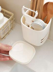 1pc Minimalist Compartment Wall Mounted Cutlery Organizer Box, Removable & Washable For Multi-Scene Use, Draining Storage Box